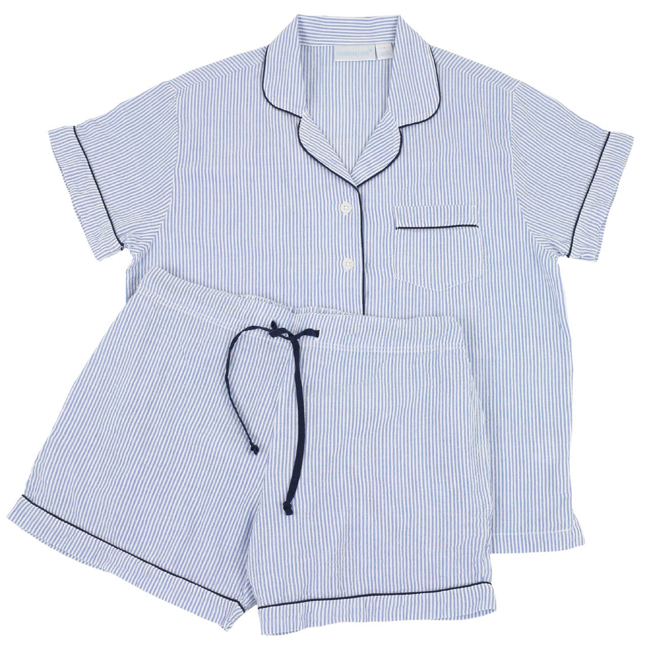 Needham Lane - Blue Seersucker-Navy Short Sleeve Shorty Pajamas: