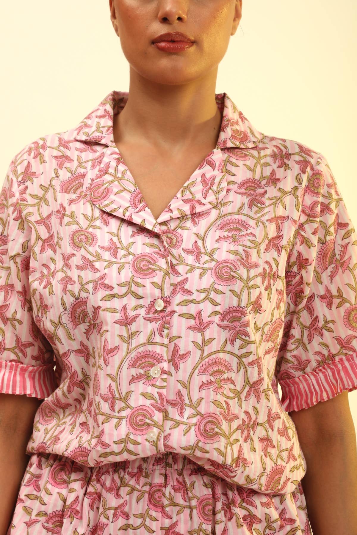 The Fox & The Mermaid - Women's Block Printed Pajamas- 3 Piece Set (Pink Petal):