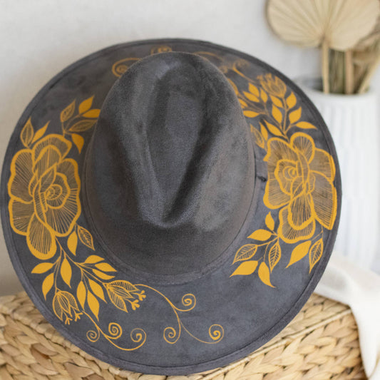Origin Mexico - Rosaura Hand Painted Western Boho Hat - Grey and Mustard