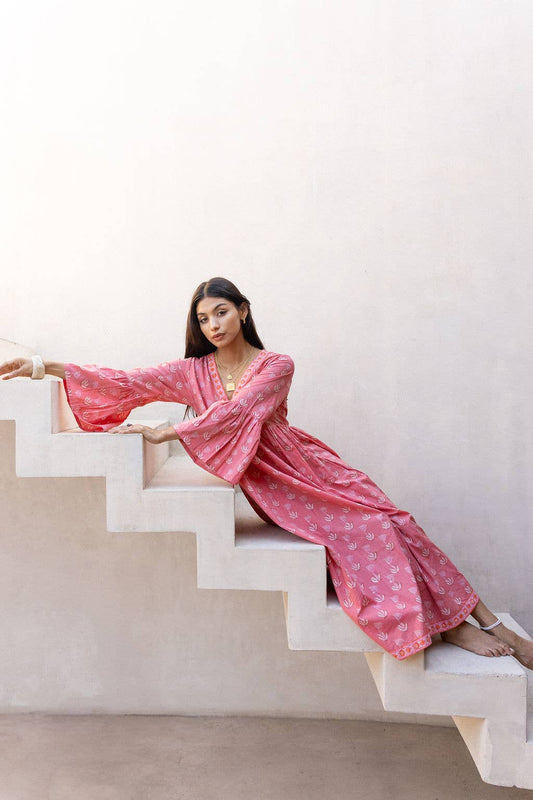 The Fox and The Mermaid - Block Printed Dress (Bhavani-Coral Pink)