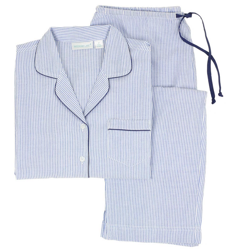 Needham Lane - Blue Seersucker-Navy Long Sleeve Pajamas: