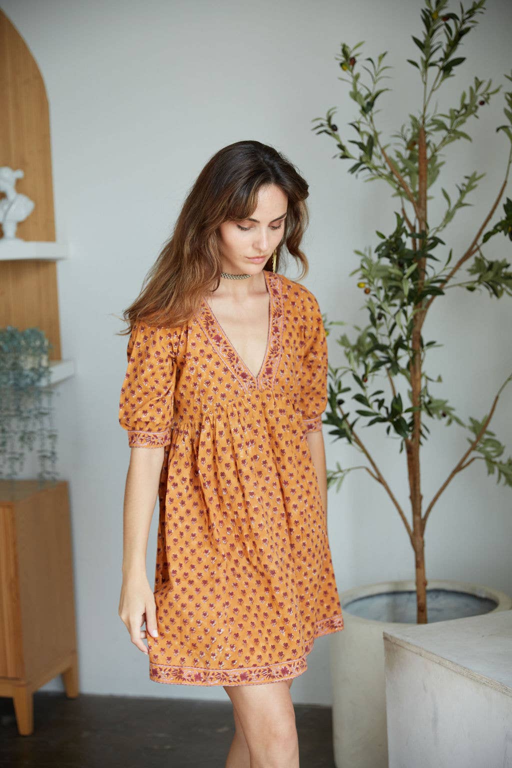 The Fox & The Mermaid - Block Printed Cotton Mini-Dress (Maile Dress- Cayenne):