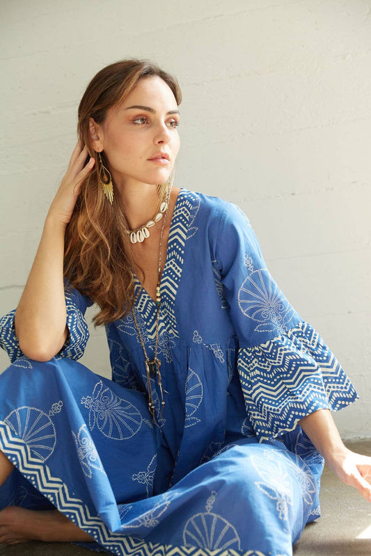 The Fox & The Mermaid - Block Printed Dress (Bhavani-Egyptian Blue) - Made in India from a female owned factory