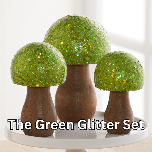 Your Heart's Content - USA Made - Colored Glitter Mushroom Set of 3 - Green Glitter