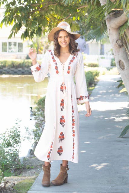 Thea Embroidered Maxi Dress Natural/Brown: M/L
